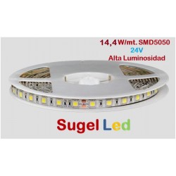 Tira LED 5 mts Flexible 24V 72W 300 Led SMD 5050 IP20 Blanco Cálido Alta Luminosidad